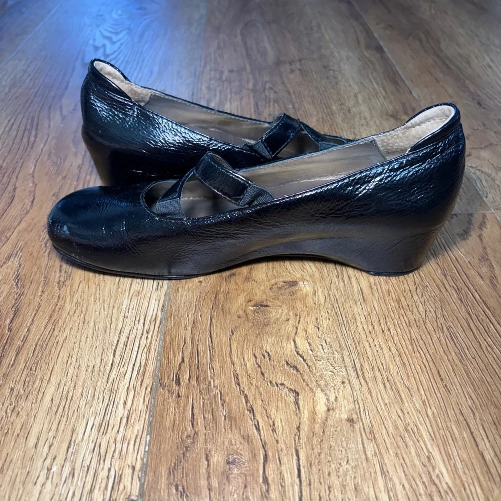 Josef Seibel Black Patent Leather Crisscross Mary Jane Wedge Shoes US 7.5 /EU 38